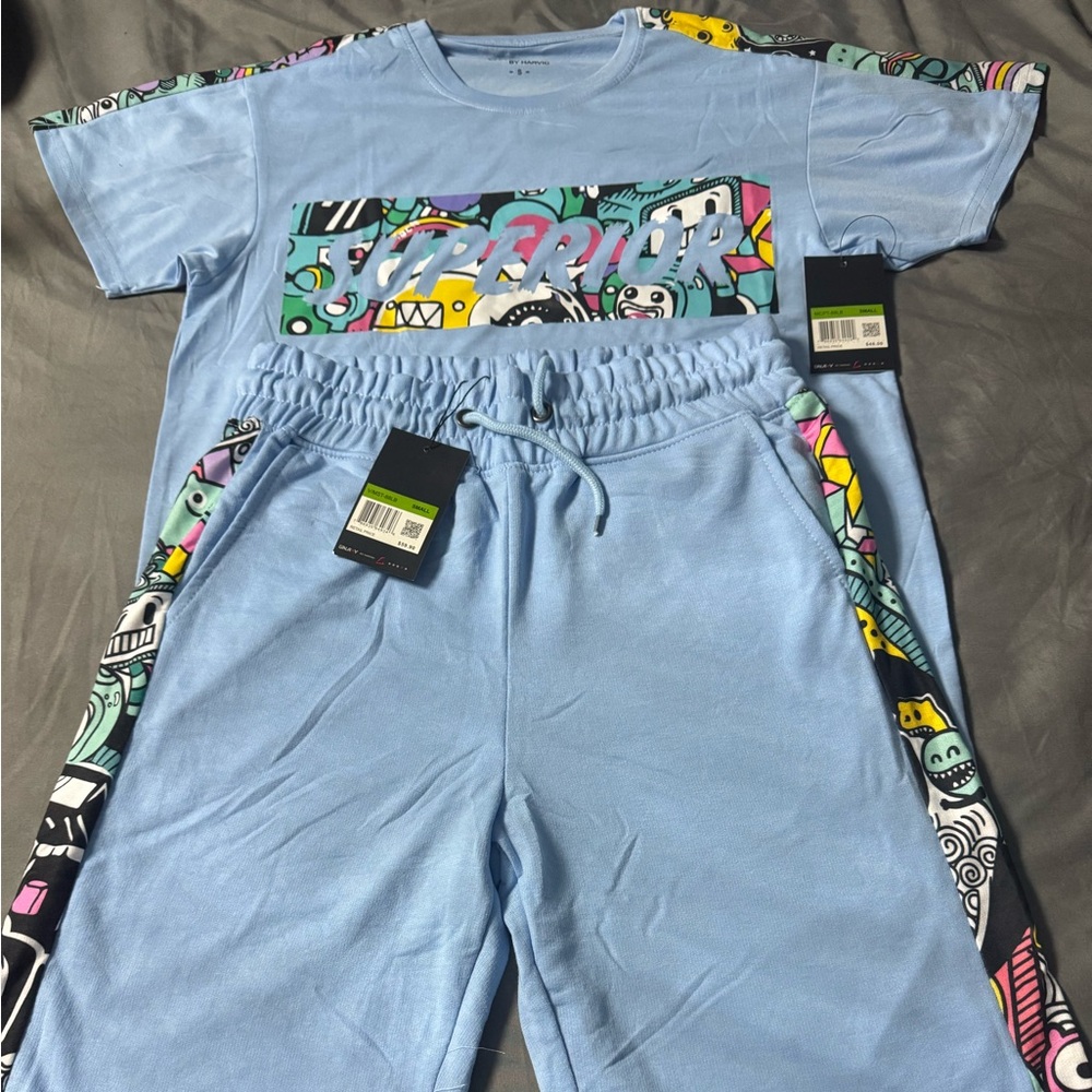 Galaxy By Harvic Light Blue Graphic T-Shirt and Shorts Set